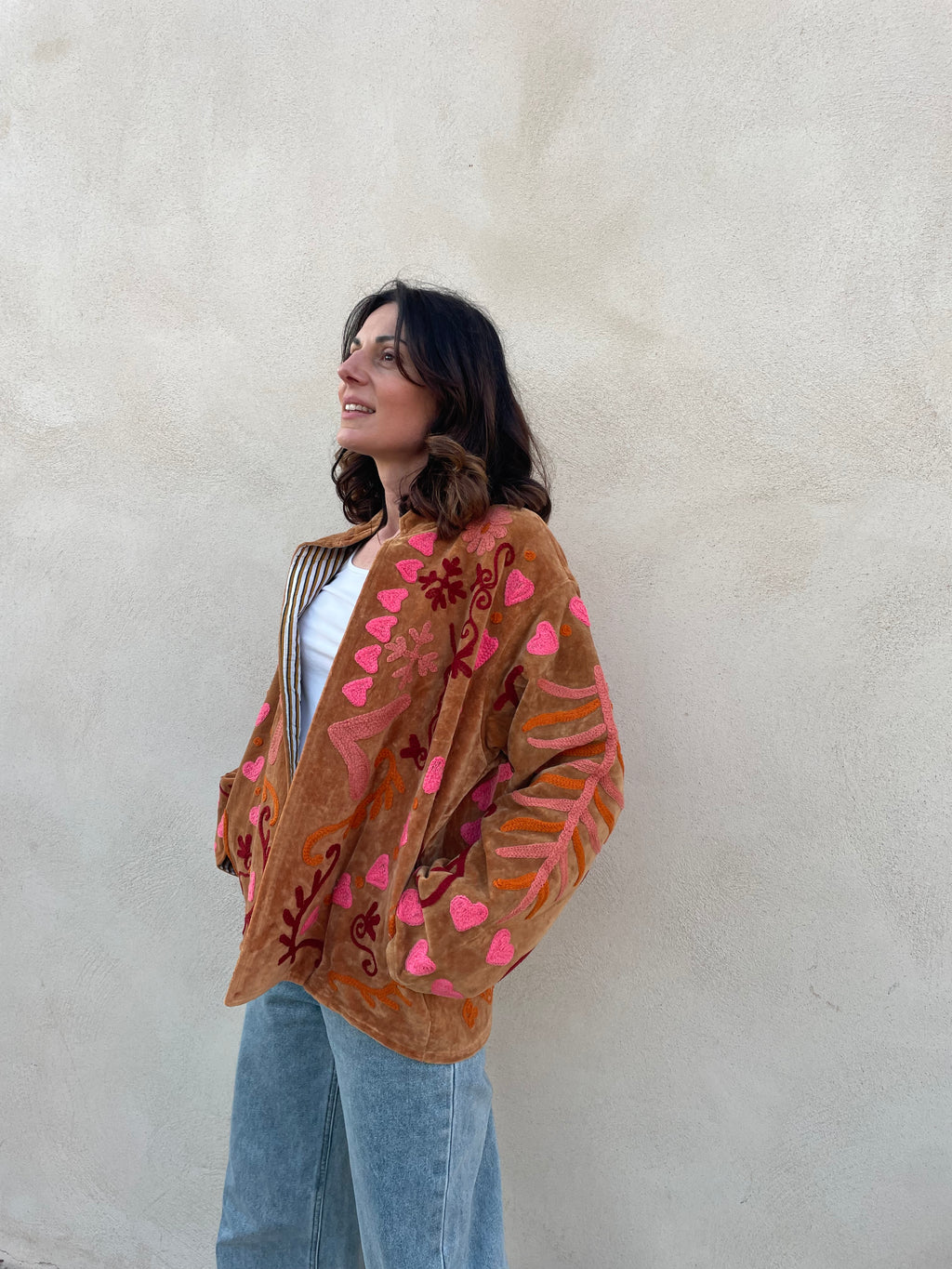 Veste velours brodée caramel