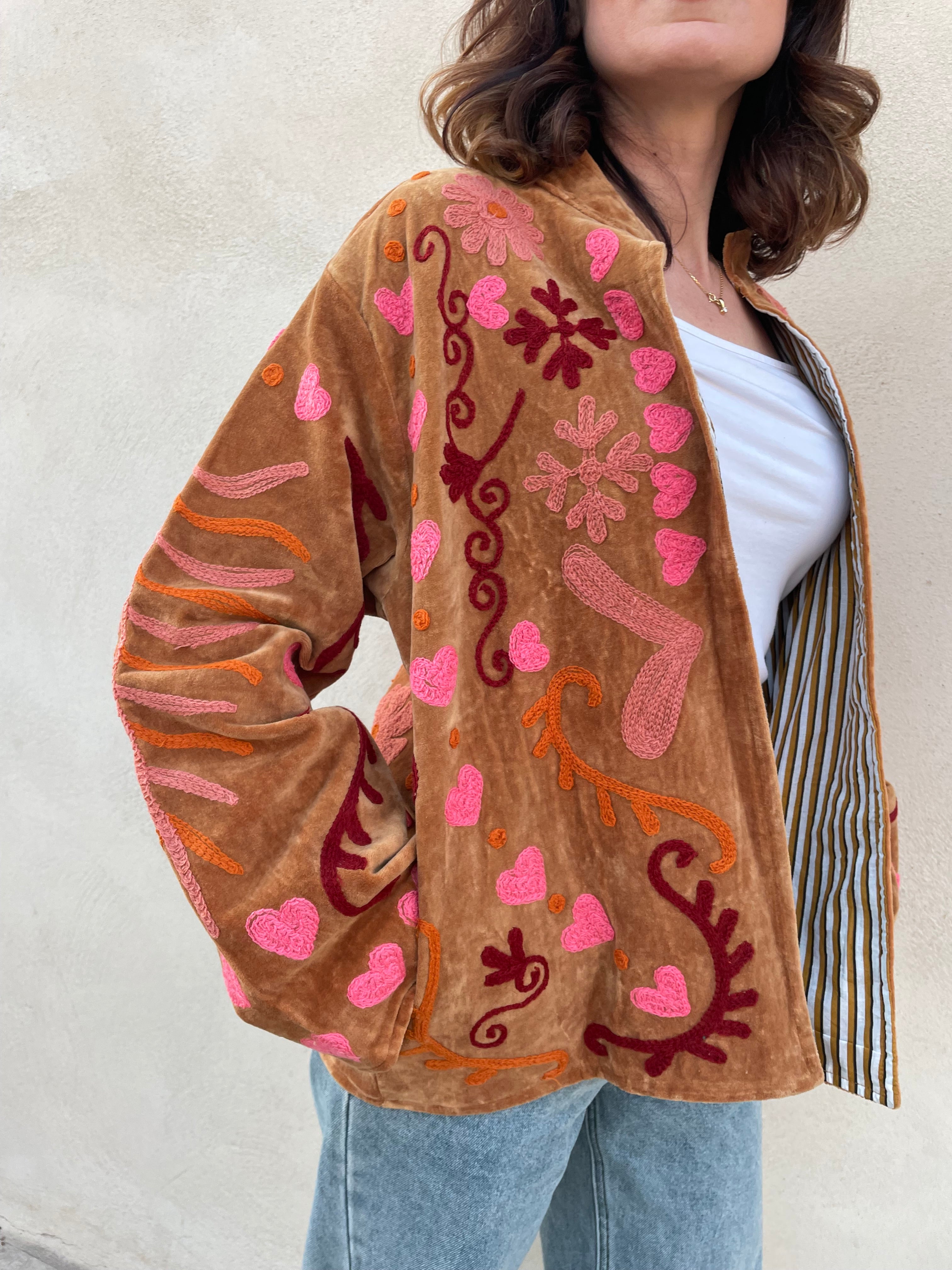 Veste velours brodée caramel