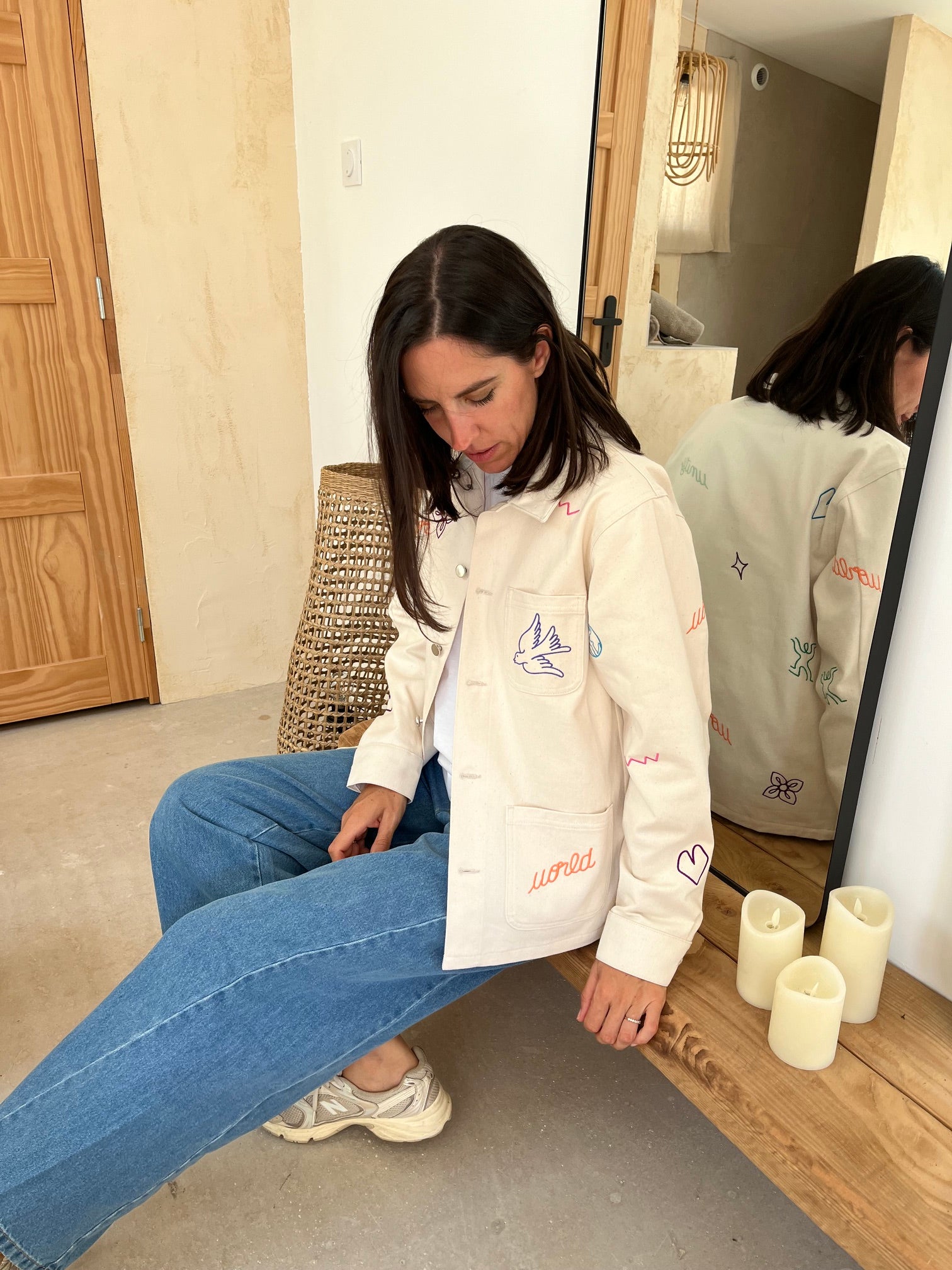 Veste brodée beige en coton bio
