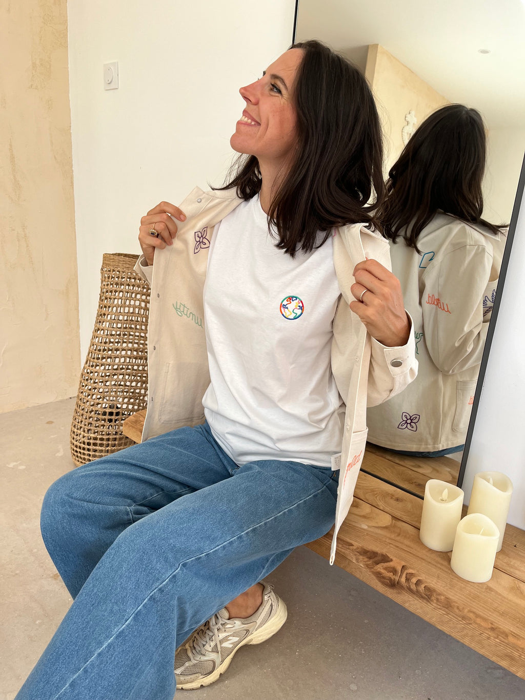 Veste brodée beige en coton bio